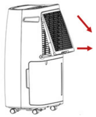 Line drawing of a portable air conditioner unit with cooling fins and airflow direction arrows (no text or symbols)