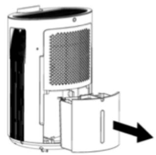 Diagram of a portable air conditioner unit with a side panel and directional arrow (no text or symbols)