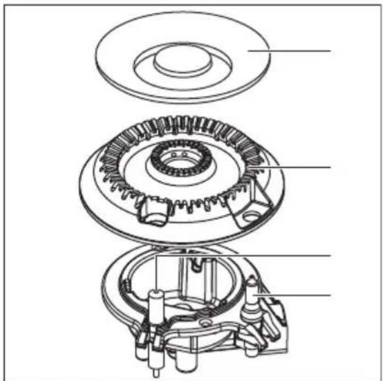 Exploded view diagram of a mechanical assembly showing internal gears and housing (no text or labels)