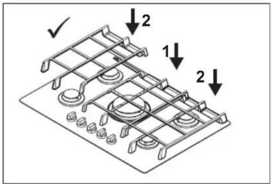 Technical diagram of a gas stove with labeled components and checkmark indicators