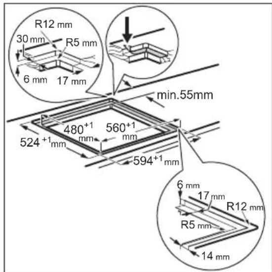 R12 mm 30 mm R5 mm 6 mm 17 mm min.55mm 480+1 mm 560+1 mm 524+1mm 594+1mm 6 mm 17 mm R12 mm R5 mm 14 mm