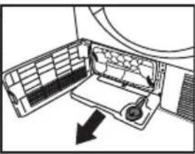 Diagram of a car air conditioner unit with internal compartments and a downward arrow indicating airflow direction (no text or symbols)
