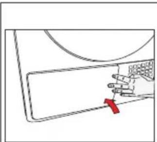 Simple line drawing of a hand pressing down on a rectangular object with a red arrow pointing to the edge (no text or symbols)