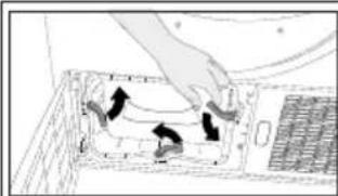 Diagram showing a hand pressing down an electrical panel with directional arrows indicating movement or force directions.