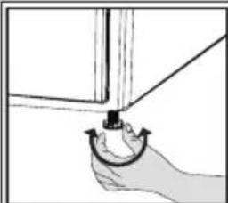 Hand holding a small mechanical component with a curved arrow, next to a vertical panel (no text or symbols visible)