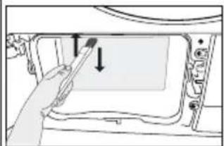 Diagram of a hand holding a tool inside a vehicle door frame, with no visible text or symbols