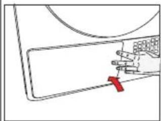 Simple line drawing of a hand pressing down on a device panel (no text or symbols)