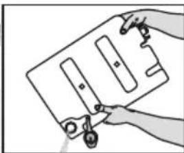Illustration of a hand holding a rectangular object with multiple slots, being cut by a tool (no text or symbols visible)