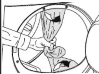 Illustration of a hand placing a bag into a car wheel, with no visible text or symbols