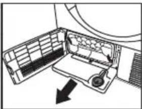 Diagram of an air conditioner unit with a cooling fan and internal components, showing airflow direction (no text or labels)