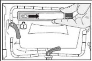 Diagram showing a hand holding a device with a lock and switch, illustrating a mechanical or electrical process.
