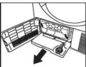 Diagram of a car air conditioner unit with internal compartments and a directional arrow indicating airflow (no text or symbols)