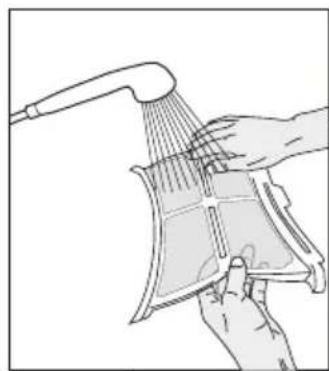 Line drawing of a hand holding a showerhead over a device (no text or symbols)