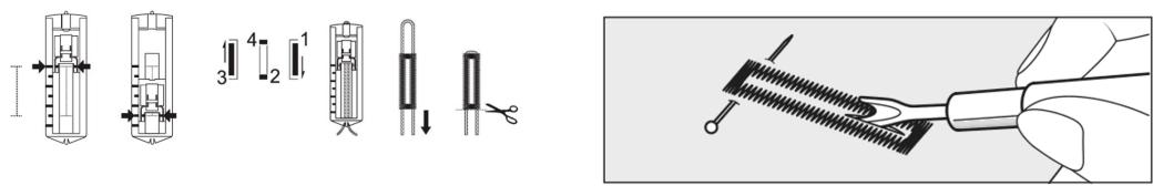 Technical diagram showing mechanical assembly steps with labeled components and a close-up of a tool interacting with a spring-like component.