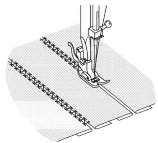 Illustration of a sewing machine needle stitching fabric strips (no text or symbols)