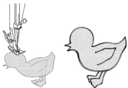 Illustration of a bird being cut with a string, alongside a duck outline (no text or symbols)