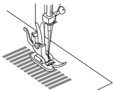 Line drawing of a sewing machine needle stitching a slotted fabric (no text or symbols)