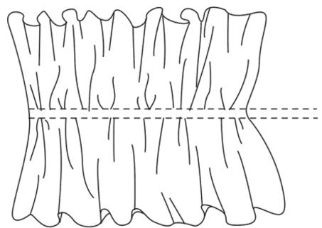 Abstract line drawing of wavy fabric or textile pattern with a horizontal dashed line (no text or symbols)