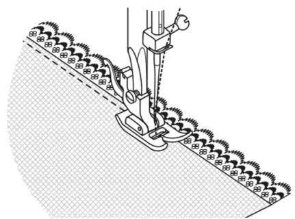 Technical line drawing of a sewing machine needle stitching fabric, showing blade and washer details (no text or symbols)