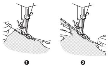 Illustration of two hands using a sewing machine to lift fabric, labeled ① and ② (no text or symbols on the diagrams)