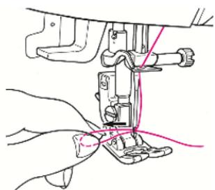 Illustration of hands operating a sewing machine with a pink cable (no text or symbols)