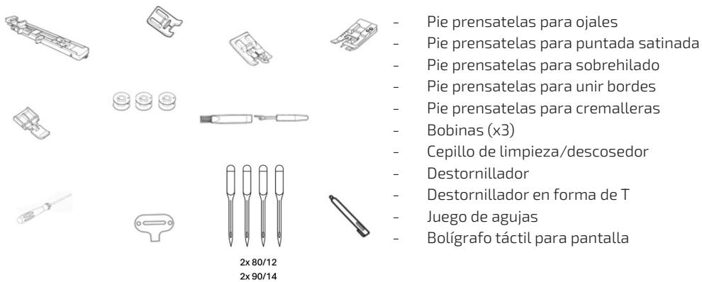 - Pie prensatelas para ojales - Pie prensatelas para puntada satinada - Pie prensatelas para sobrehilado - Pie prensatelas para unir bordes - Pie prensatelas para cremalleras - Bobinas (x3) - Cepillo de limpieza/descosedor - Destornillador - Destornillador en forma de T - Juego de agujas - Bolígrafo…
