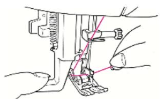Technical line drawing of a sewing machine needle and foot (no text or symbols)