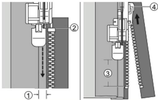 Technical diagram showing mechanical assembly steps with numbered components and directional arrows indicating motion or flow.