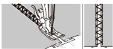 Technical illustration of a sewing machine needle stitching fabric, showing mechanical components and structural details (no text or symbols)