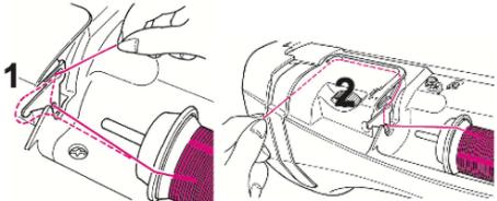 Technical diagram showing two-step assembly steps of a mechanical component with labeled parts 1 and 2.
