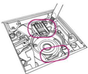 Technical diagram of an open electronic device with internal components and a hand inserting a tool (no text or labels visible)
