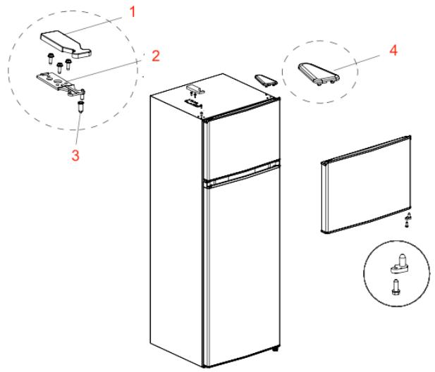 Diagram of a refrigerator with labeled parts including battery, switch, and display panel