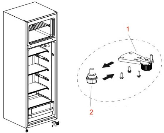 Technical diagram of a refrigerator with labeled parts and mechanical assembly, showing internal compartments and directional arrows.
