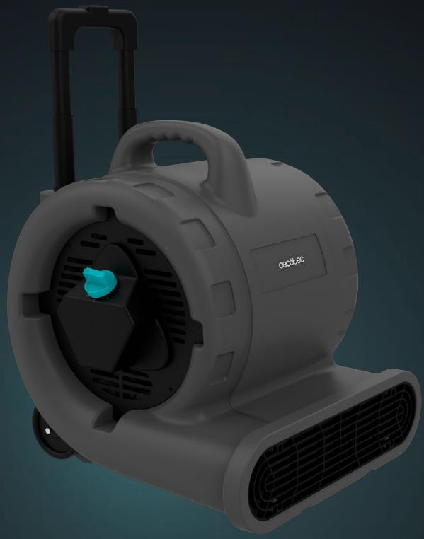 3D rendering of a gray electric fan with a blue logo, shown against a dark background (no text or symbols on the device itself)