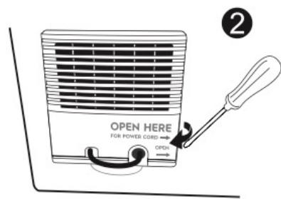 OPEN HERE FOR POWER CORD ← OPEN