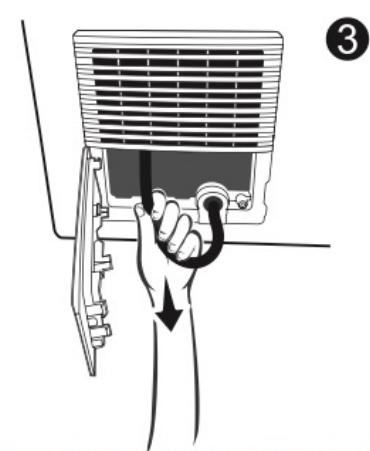 Illustration of a hand inserting a plug into a fan-shaped device (no text or symbols)