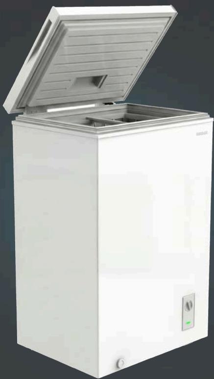White open refrigerator with lid open, showing front panel and control buttons (no text or symbols visible)