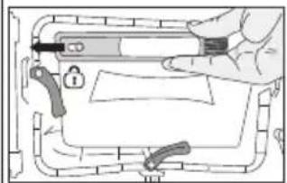 Illustration of a hand using a tool to install a package, with no visible text or symbols