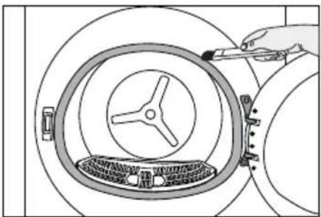 Diagram of a hand using a tool to interact with a circular mechanical device, showing no text or symbols.