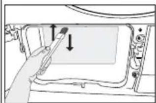 Diagram of a hand holding a pen inside a vehicle's door panel, with arrows indicating direction (no text or symbols)