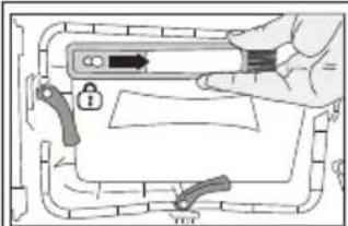 Diagram showing a hand holding a device with a lock and directional arrow, labeled 'YES' at the bottom.