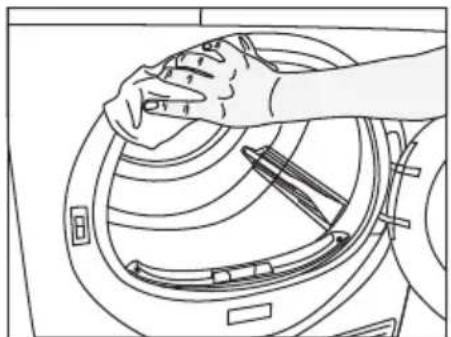 Line drawing of hands cleaning a washing machine (no text or symbols)