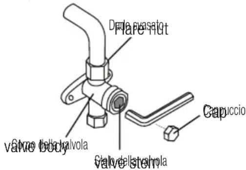 Flare nut Capuccio valve body Valve stem Gialo dell'alvola Valve body