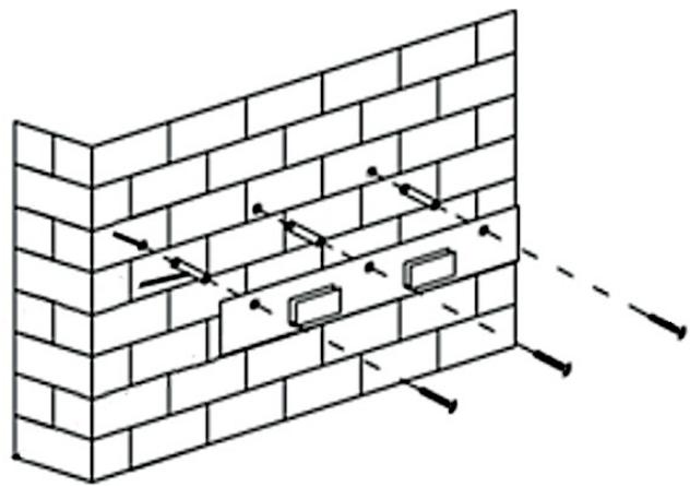 Isometric line drawing of a brick wall with embedded rectangular components and directional arrows indicating construction or assembly (no text or symbols)