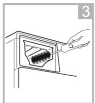 Line drawing of a hand inserting a small object into a container (no text or symbols)