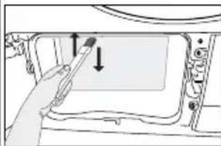 Diagram of a hand holding a tool inside a device casing, with arrows indicating direction (no text or symbols present)