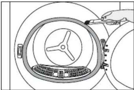 Diagram of a hand using a tool to clean or install a circular component with a three-blade fan (no text or symbols)