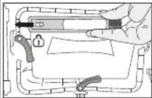 Diagram of a hand holding a syringe above a device panel, with no visible text or symbols