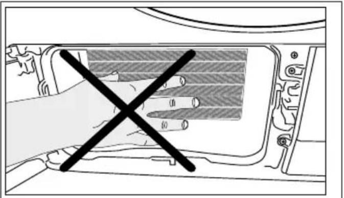 Diagram showing a hand holding a cross symbol crossed out of a vehicle interior panel, indicating a warning or prohibition.
