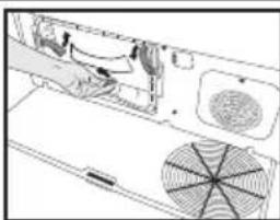 Diagram of a hand inserting a fan into an electronic device with a circular vent (no text or symbols visible)